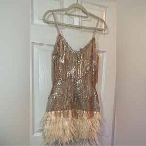 Rose gold sequin and feather fringe mini dress